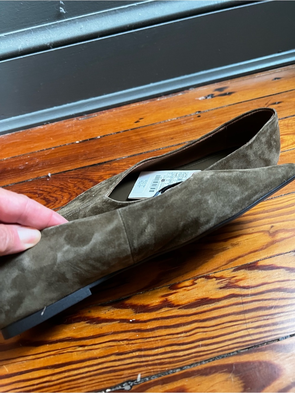 Pointed Toe Suede Flats in Olive Brown - Picture 2 of 4